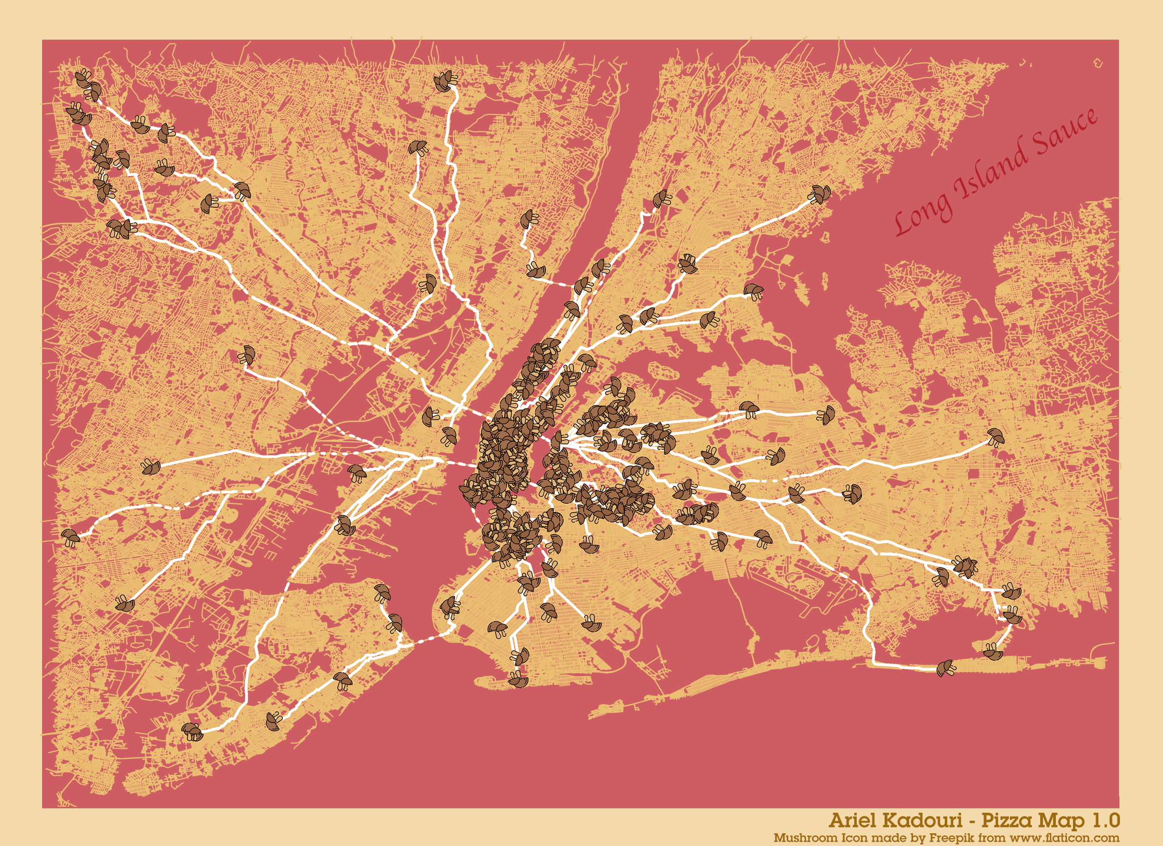 Map of routes from Penn Station to NYC pizza joints that looks like a pizza.